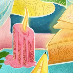 May include: A pink candle with a gold design, a yellow pencil, and a stack of yellow patterned paper on a blue and pink background.