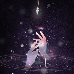 May include: Two hands reaching up towards a glowing blue fish and a pink flower in a dark purple galaxy with white and pink stars and planets.