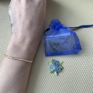 Puede incluir: Una delicada pulsera de cuentas con cuentas doradas y plateadas se lleva en la muñeca. También se ve una pequeña bolsa de malla azul y un broche floral azul y verde.