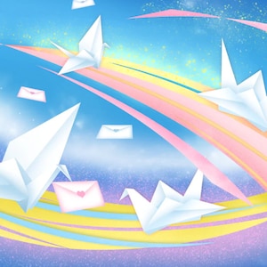 May include: White origami cranes fly through a blue sky with pink, yellow, and blue streaks. The cranes are carrying pink envelopes with hearts on them.
