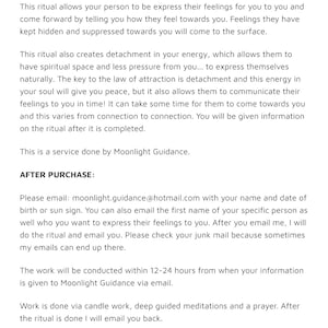 May include: Text on a white background details a ritual service by Moonlight Guidance. The service is designed to help someone express their feelings. The text includes after-purchase instructions and an email address.