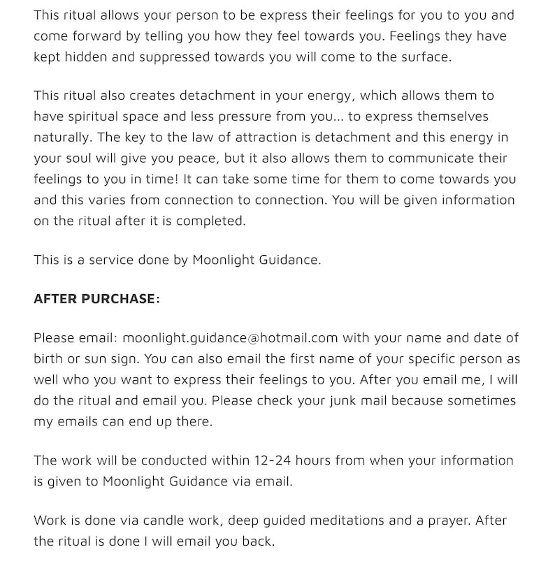 May include: Text on a white background details a ritual service by Moonlight Guidance. The service is designed to help someone express their feelings. The text includes after-purchase instructions and an email address.