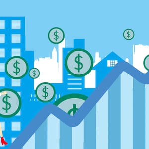 May include: A blue and green illustration of a woman running up a blue line graph with dollar signs floating around her. The graph is set against a backdrop of blue buildings and a blue sky.