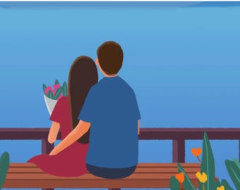 Puede incluir: Una pareja sentada en un banco con vistas a una masa de agua azul. La mujer lleva un vestido rojo y sostiene un ramo de flores rosas. El hombre lleva una camisa azul.