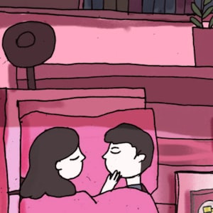 May include: A cartoon illustration shows a couple in bed, under a pink blanket. The woman has dark hair, and the man is touching his face. The scene is in shades of pink and red, suggesting a cosy, intimate setting.
