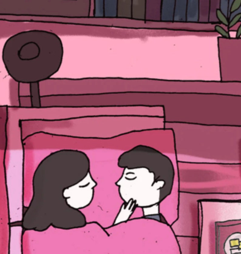 May include: A cartoon illustration shows a couple in bed, under a pink blanket. The woman has dark hair, and the man is touching his face. The scene is in shades of pink and red, suggesting a cosy, intimate setting.