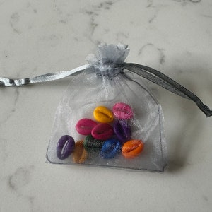 Op de afbeelding: Een kleine, doorschijnende, zilveren zak met trekkoord gevuld met kleurrijke, ovaalvormige kralen. De kralen zijn in tinten geel, roze, rood, paars, blauw en oranje. De zak is vastgebonden met een zilveren lint.