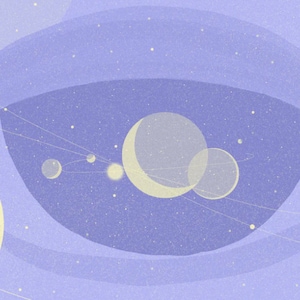 May include: A purple and white abstract illustration of a celestial eye with planets and stars. The eye is surrounded by a soft, hazy glow.