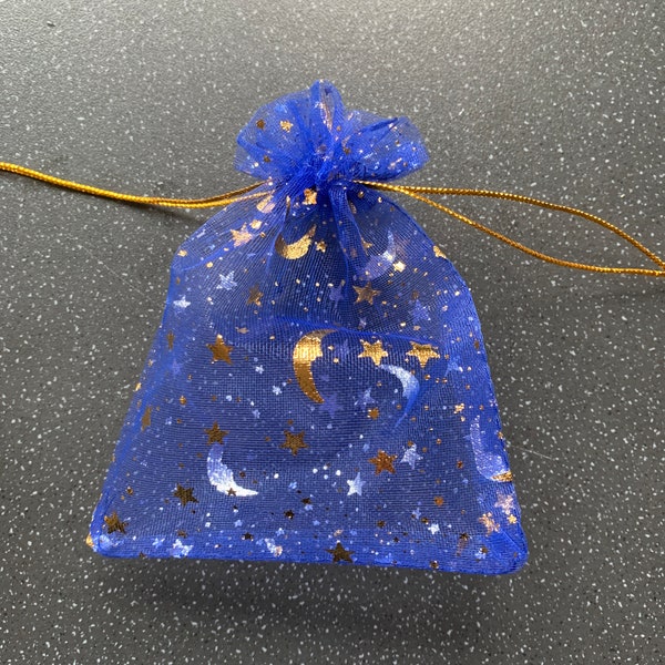 Gift Pouch Moon Stars Drawstring Organza Bag Astrology Zodiac Night Sky Blue Silver, Gold, Sheer Jewellery Pouches Wedding Party Favour