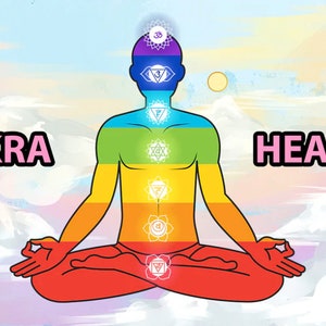 May include: A colorful illustration of a person sitting in a lotus position with seven chakras represented by different colors and symbols. The chakras are located at the base of the spine, sacrum, solar plexus, heart, throat, third eye, and crown. The image is set against a background of clouds and a sunset.