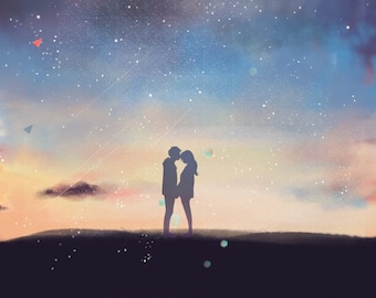 Puede incluir: Silueta de una pareja de pie juntos contra un cielo de puesta de sol colorido con un fondo estrellado.