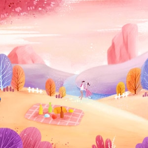May include: A digital painting of a couple enjoying a picnic in a colorful landscape. The scene features pink and purple mountains, a blue river, and a blue bicycle. The couple is standing near a picnic blanket with food and drinks.