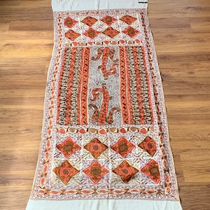 Hand Embroidered Floral Pashmina Shawl Scarf White Cream Orange Sparkly Design Flower Embroidery Design Warm Soft 100% Wool Blend Fabric