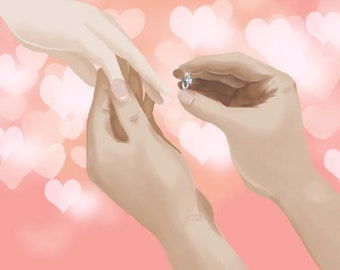 May include: Two hands, one holding a ring with a clear stone, the other reaching out to receive it. The background is a soft pink with white heart shapes.