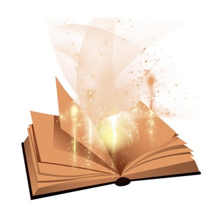 May include: An open book with golden light and sparkles emanating from its pages. The book is brown with a black spine and is open to reveal its blank pages.