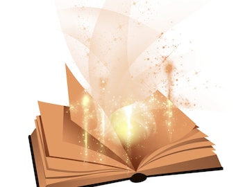 May include: An open book with golden light and sparkles emanating from its pages. The book is brown with a black spine and is open to reveal its blank pages.