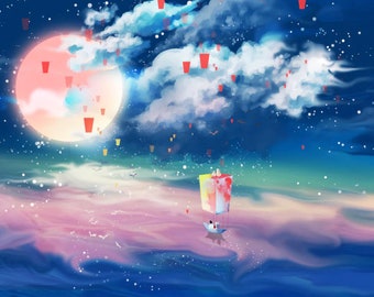 Puede incluir: Ilustración artística de una escena nocturna con una gran luna rosa y nubes blancas. Faroles rojos flotan en el cielo. Un globo aerostático colorido con dos figuras flota sobre un mar de rosa y azul. Caprichoso y onírico.