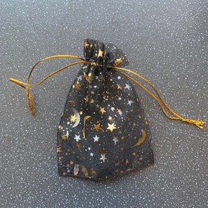 Gift Pouch Moon Stars Drawstring Organza Bag Astrology Zodiac Night Sky Silver, Gold,  Black Sheer Jewellery Pouches Wedding Party Favour