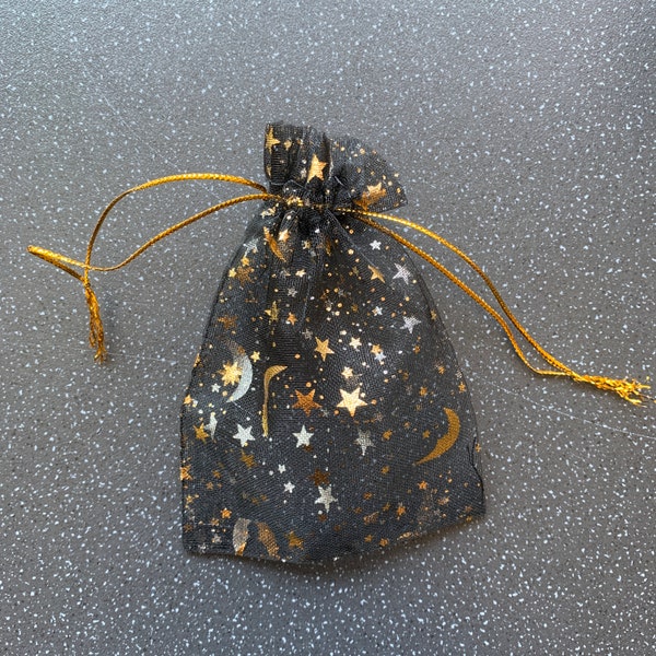 Sacchetto regalo Luna Stelle Borsa in organza con coulisse Astrologia Zodiaco Cielo notturno Argento, oro, nero Sacchetti trasparenti per gioielli Bomboniera