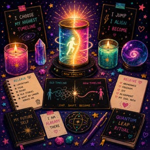 Op de afbeelding: Een verzameling spirituele voorwerpen, waaronder een centrale cilinder met een gloeiende figuur, twee kaarsen, een kristal, een kristallen bol, twee notitieboeken met de tekst 'My Future Self' en 'Quantum Leap Ritual', en kaarten met teksten zoals 'I Choose My Highest Timeline' en 'I Jump I Align I Become'.