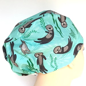Otters Chilling Euro Scrub Cap/Womens Scrub Cap/Or Hat/Surgical Hat/Chef Vet Chemo Hat/Er Peds Trauma Hat