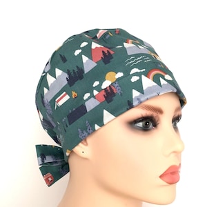 Camping in the Mountains Pixie Style Scrub Hat/Scrub Cap/ Surgical Hat With Ties/Vet Chemo Chef Hat/L&D Icu Ccu Er Trauma Hat/CosmetologyHat