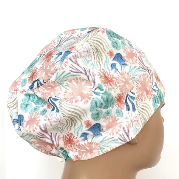 Coral and Sea Fans Euro Scrub Cap/Womens Scrub Hat/Surgical Hat/Vet Chemo Chef Hat/L&D ICU CCU ER Trauma Cosmetologist Hat