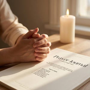 Könnte beinhalten: Ein cremefarbenes Gebetstagebuch mit schwarzem Text auf dem Einband, der den Titel Prayer Journal: A Guide to Deeper Prayer, ein Inhaltsverzeichnis und einen Vers enthält. Eine weiße Stumpenkerze steht daneben und beleuchtet den Einband.