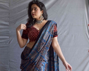 Murtle - Ajrakh hand block printed Modal Silk Saree