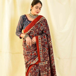 Sajna Ajrakh hand block printed mul cotton saree image 1