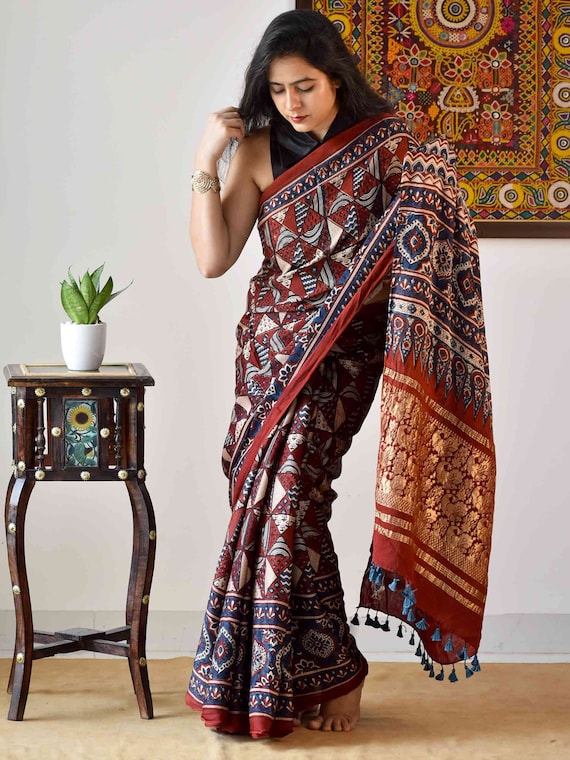 Buy Pisces Ajrakh Hand Block Printed Modal Silk Saree With Zari Pallu Online  in India 