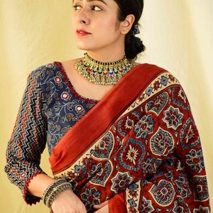 Sajna Ajrakh hand block printed mul cotton saree image 3