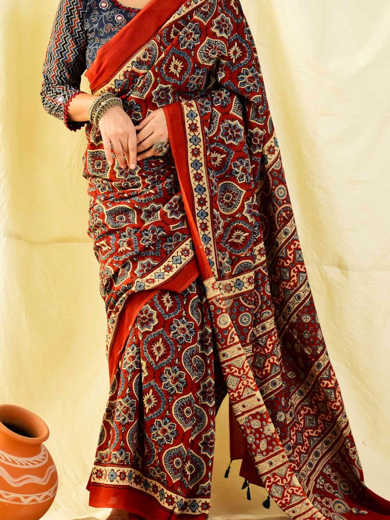 Sajna Ajrakh hand block printed mul cotton saree image 6