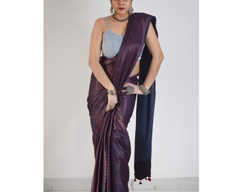 Chess - Ajrakh hand block printed Mashru silk saree