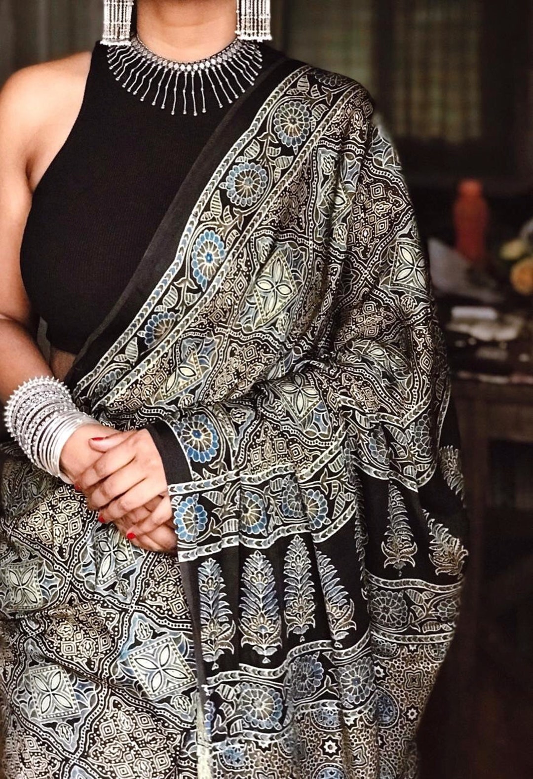 Twirling Black Striped Ajrakh Hand-Printed Modal Silk Saree