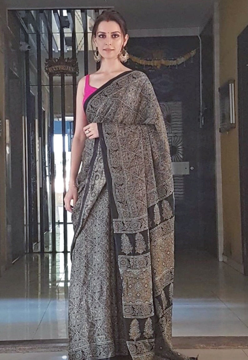 Ajrakh Handblock Printed Modal Silk Saree - Etsy