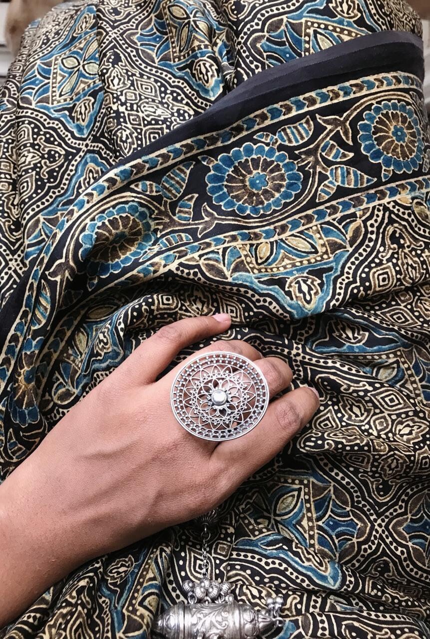 Black - Ajrakh Hand Block Printed Natural Dyed Modal Silk Stole with Tassels 22 main image 1