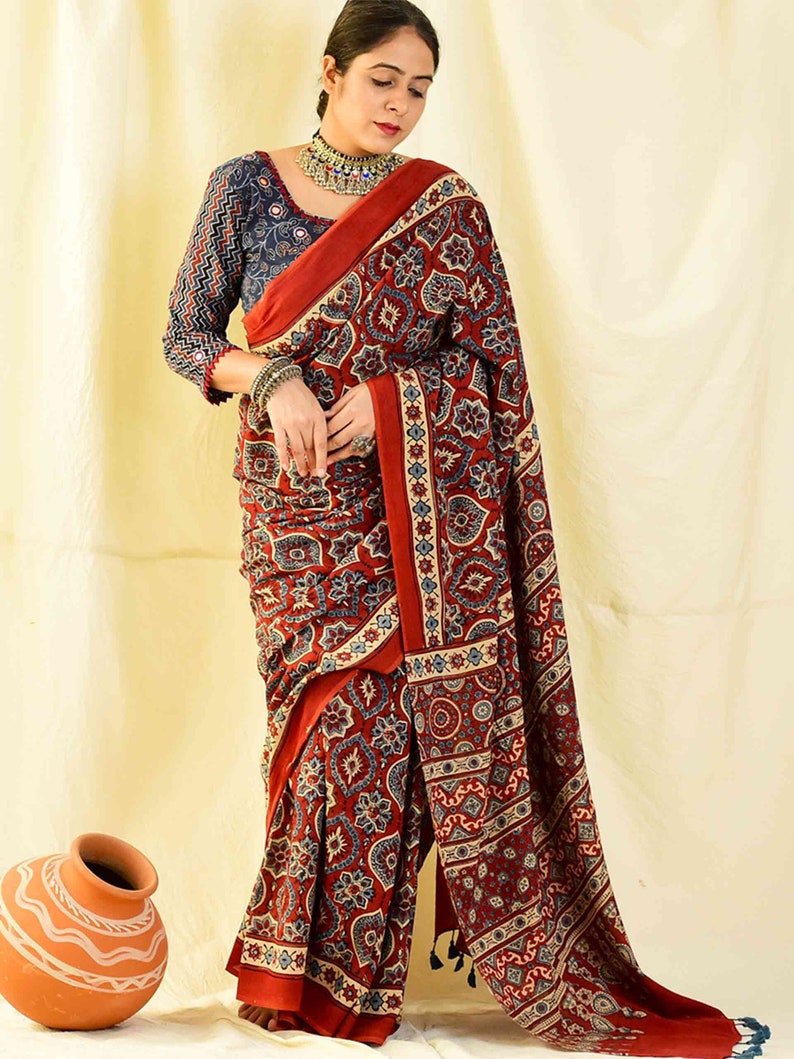 Sajna Ajrakh hand block printed mul cotton saree image 1