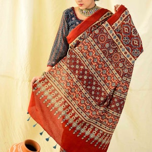 Sajna Ajrakh hand block printed mul cotton saree image 7