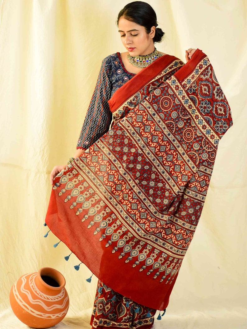 Sajna Ajrakh hand block printed mul cotton saree image 7