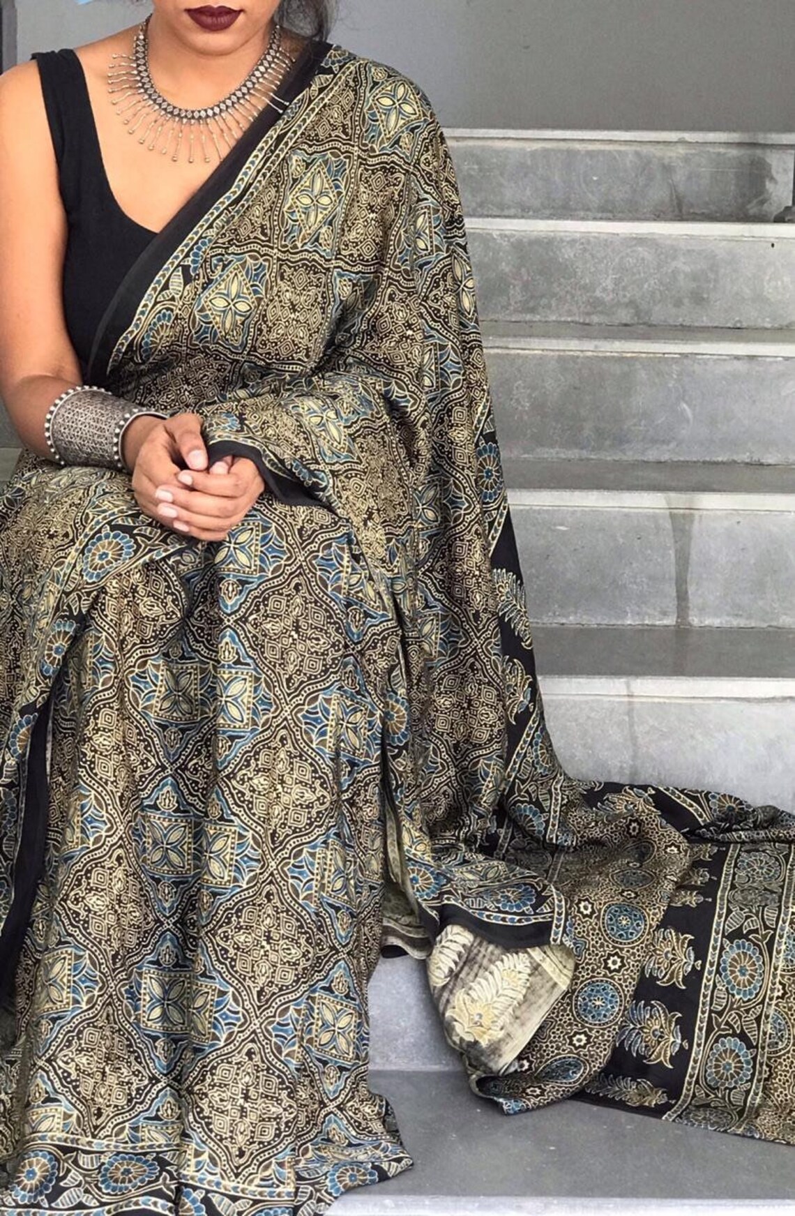 Tenaaro Ajrakh Hand Block Printed Modal Saree