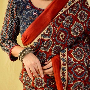 Sajna Ajrakh hand block printed mul cotton saree image 4