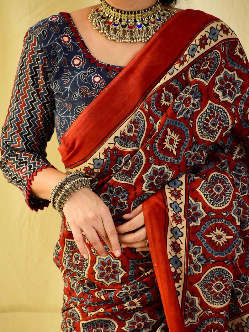 Sajna Ajrakh hand block printed mul cotton saree image 4