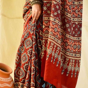 Sajna Ajrakh hand block printed mul cotton saree image 5
