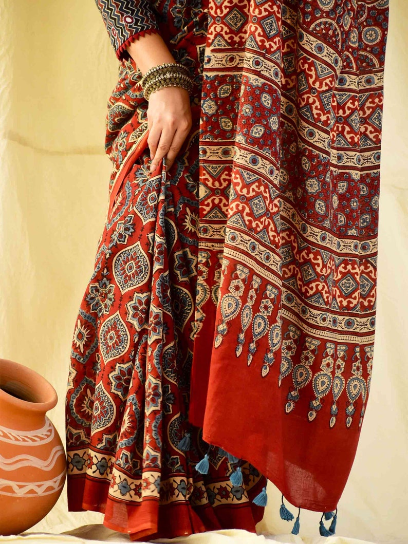 Sajna Ajrakh hand block printed mul cotton saree image 5