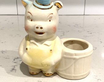 Rare, Vintage ceramic Pig planter with barrel, mid century, planter, kitsch, 22k gold trim, hand painted, 1940’s, porky pig, succulent