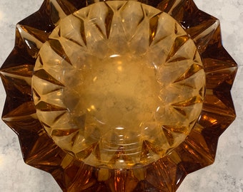 Vintage Japanese Kagami Crystal Amber Bowl Vessel Ash Tray Candy Dish Faceted Glass like new