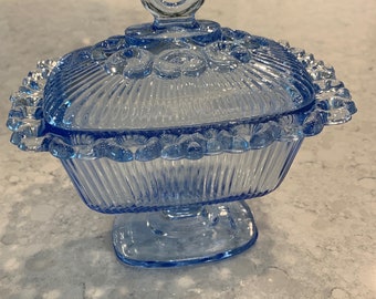 Vintage Indiana Glass Blue lidded candy dish, 1960’s, laced edging, pedestal base, excellent condition