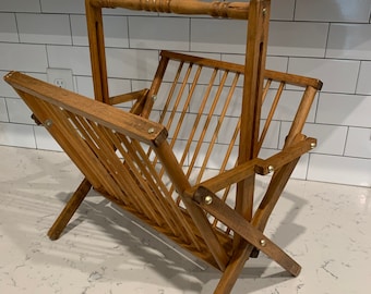 Vintage Wood folding magazine rack, holder, possibly teak, mid century, colonial inspired. towel holder