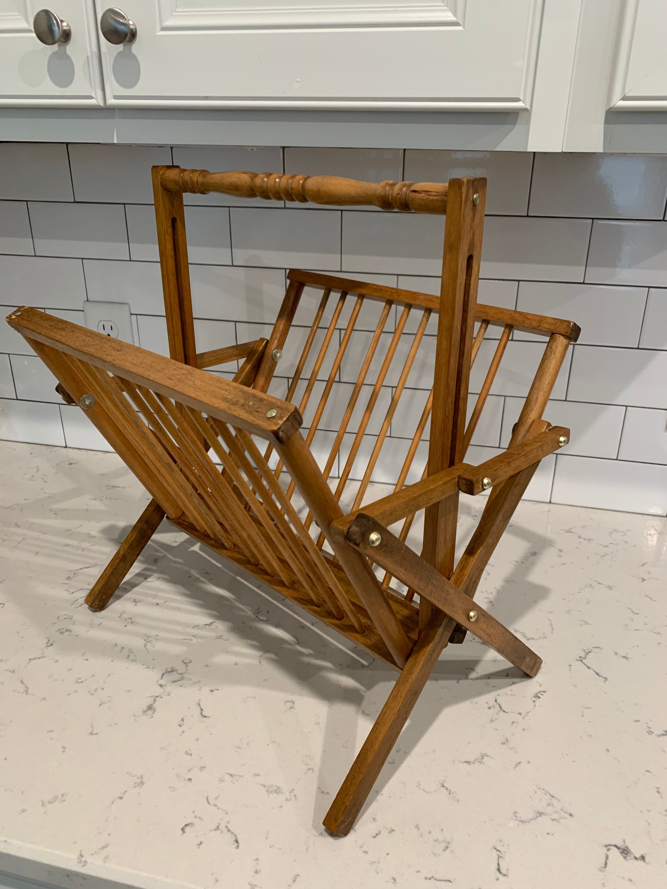 Vintage Wood Folding Magazine Rack, Holder, Possibly Teak, Mid